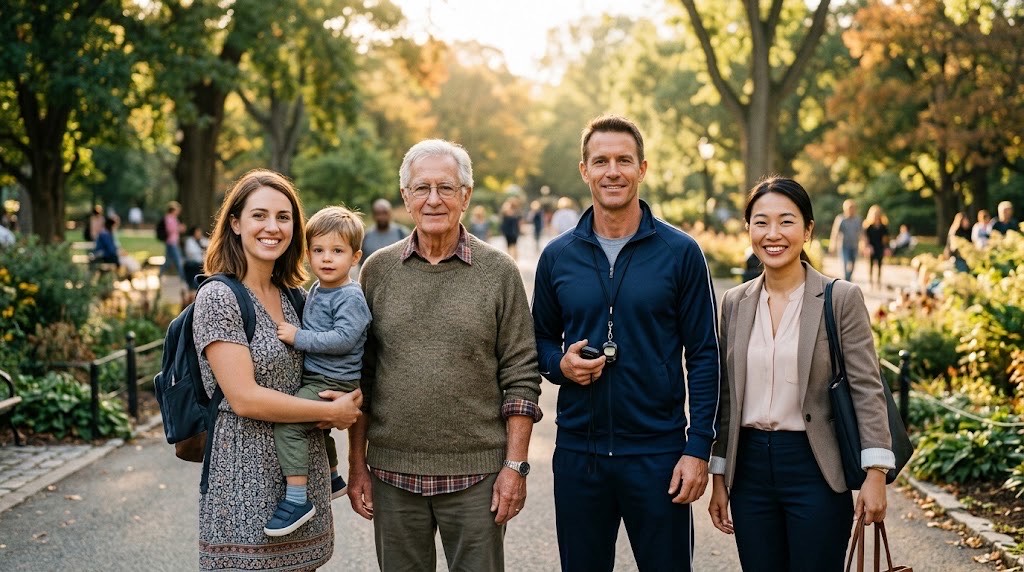 A diverse group of everyday people — a parent with a child, an older man, a coach, and a coworker — standing together, ready to help