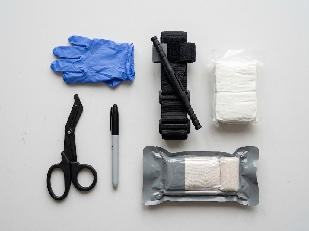 A bleeding-control kit: tourniquet, compressed gauze, trauma dressing, gloves and shears