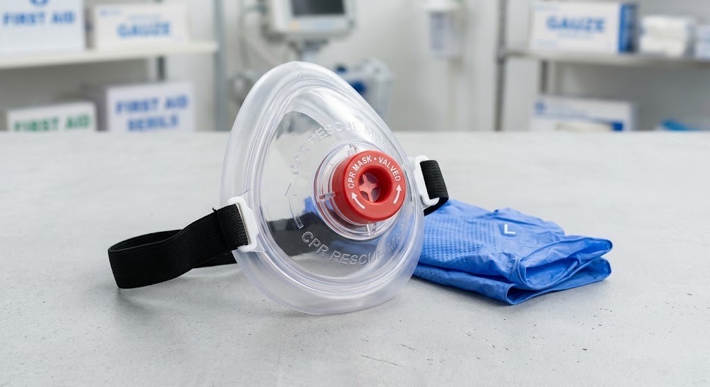 A CPR rescue pocket mask with a one-way valve, beside nitrile gloves