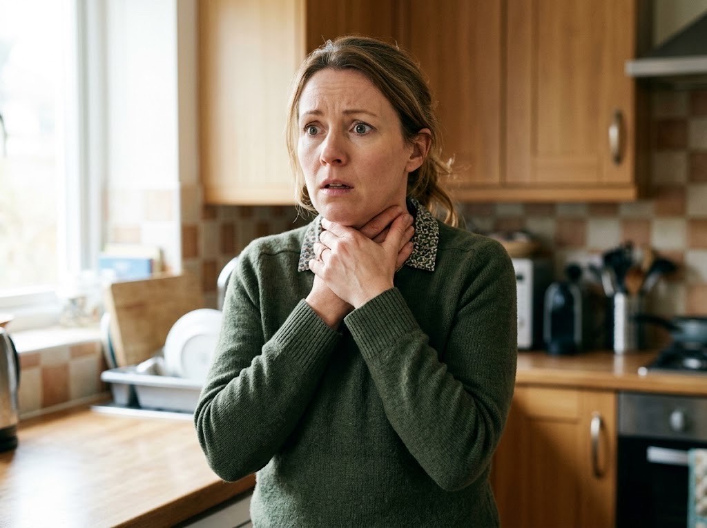 A person clutching their throat — the universal sign of choking
