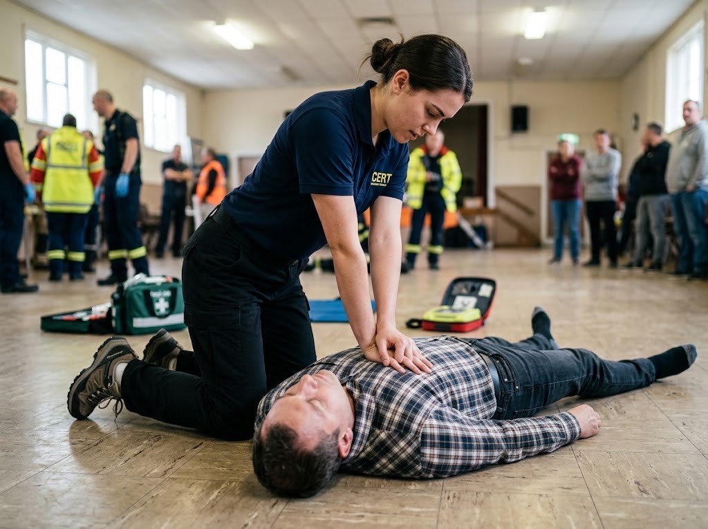 A responder giving chest compressions on the center of an adult's chest